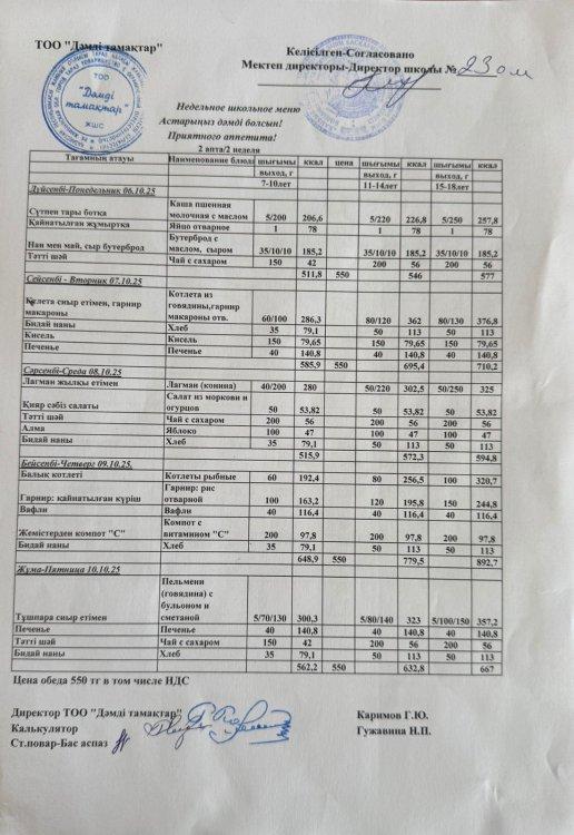 Апталық және әр күнге арналған меню