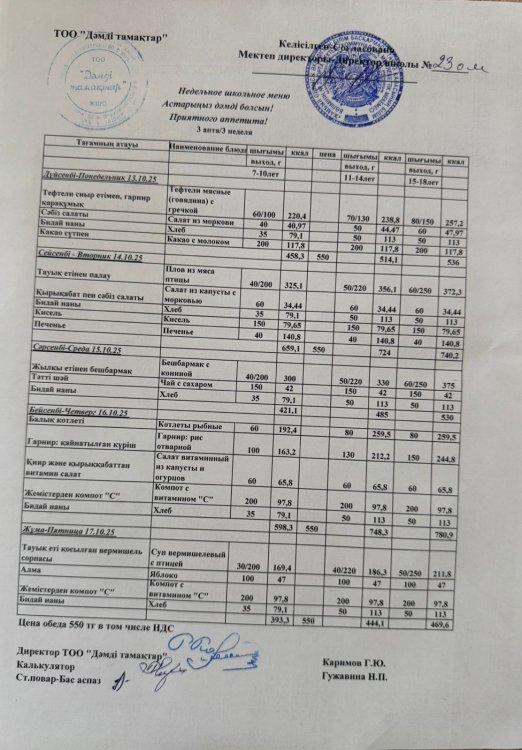 Апталық және әр күнге арналған меню