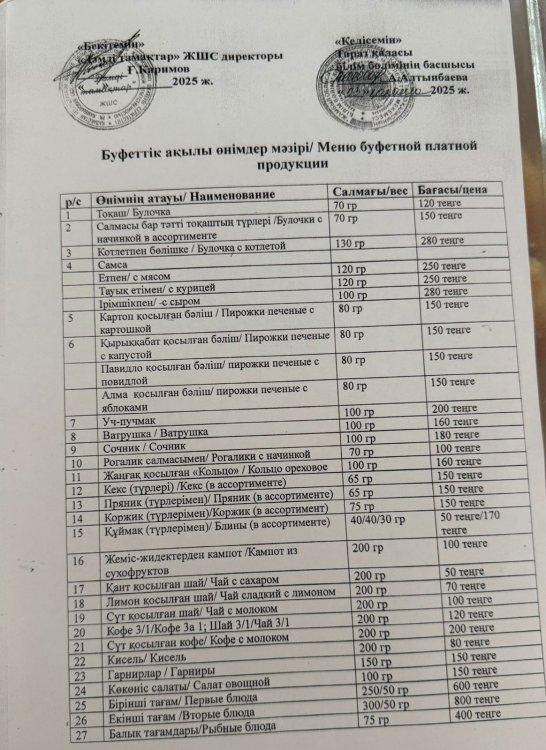 Буфеттік ақылы өнімдер мәзірі