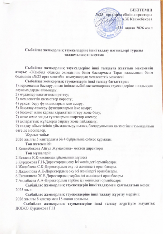 Сыбайлас жемқорлық тәуекелдеріне ішкі талдау нәтижелері туралы талдамалық анықтама
